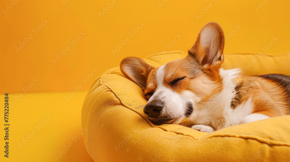 A dog is sleeping in a yellow dog bed