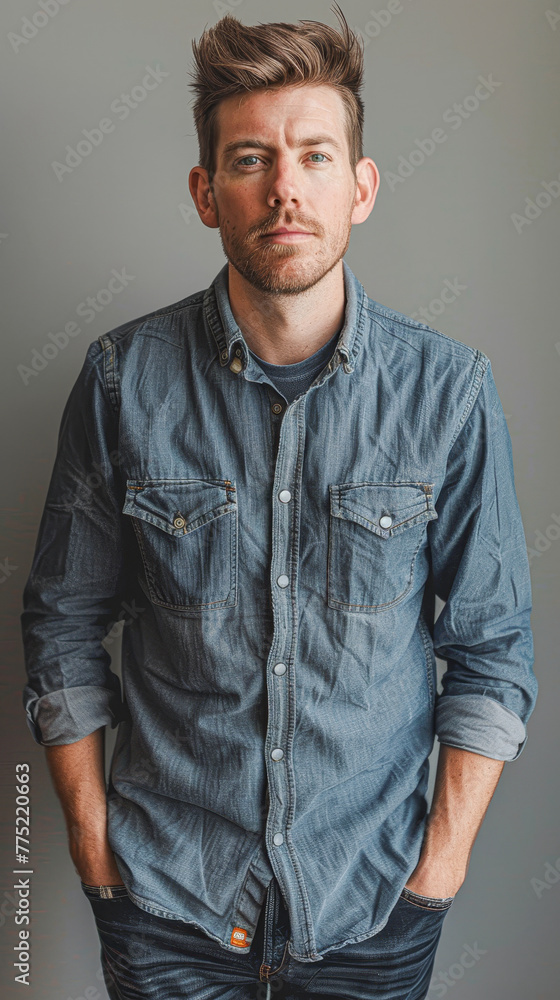 Obraz premium A man in a blue shirt is standing in front of a gray wall. He has a serious expression on his face