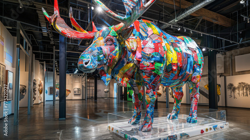 A large, colorful sculpture of a moose made from recycled materials. The sculpture is on display in a large, empty room with a lot of white walls. Scene is one of creativity