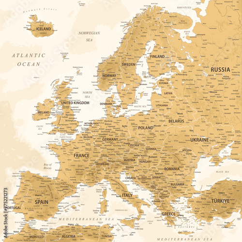 Europe - Highly Detailed Relief Topographic Vector Map of the Europe. Ideally for the Print Posters. Golden Spot Beige Retro Style