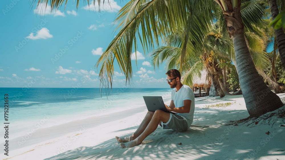 Digital Nomad Lifestyle, Freelancer Working Remotely on Laptop From Tropical Beach Paradise