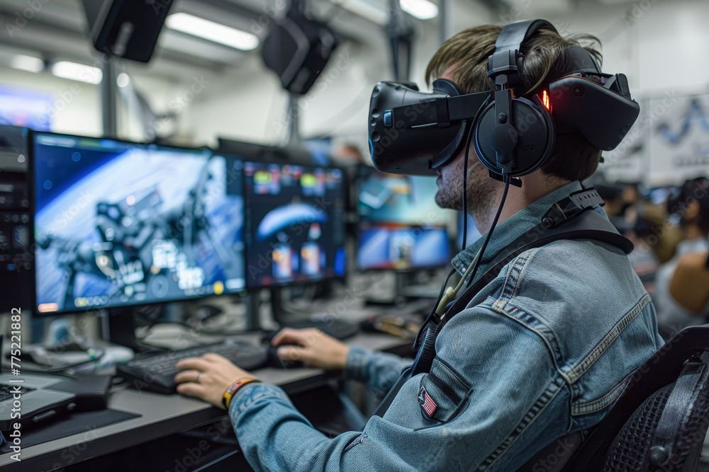 A man wearing a headset is playing a video game on a computer. The man is wearing a blue jacket and is sitting in front of a computer monitor A man wearing a headset is playing a video game on a computer. The man is wearing a blue jacket and is sitting in front of a computer monitor