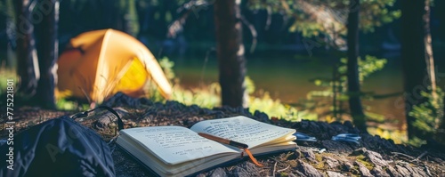 Camping journaling, reflections penned, natures muse photo