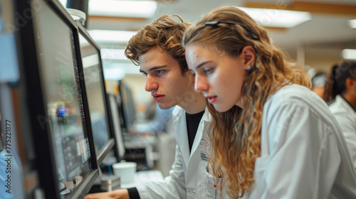 Two people are looking at a computer screen. One of them is wearing a white lab coat. The other person is wearing a black shirt