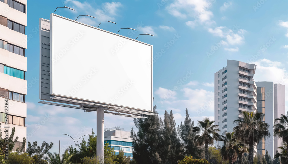 Empty large billboard or advertisement panel in city on a sunny day. Transparent copy space mockup for custom image. Generative AI Empty large billboard or advertisement panel in city on a sunny day. Transparent copy space mockup for custom image. Generative AI