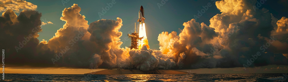 Golden hour space shuttle launch, where day meets night amidst cotton clouds