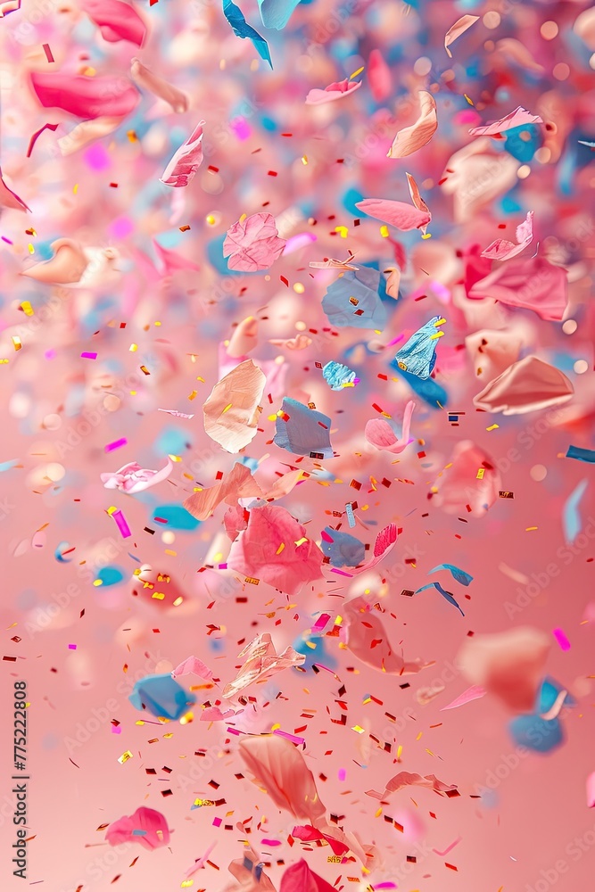 Pastel colorful confetti, falling and levitation, light pink background