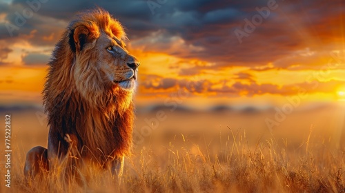Regal lion in vibrant savannah sunset, stunning wildlife photography with rich colors