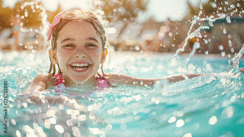 A young girl is smiling and splashing in a pool. Concept of joy and playfulness, as the girl is having a great time in the water