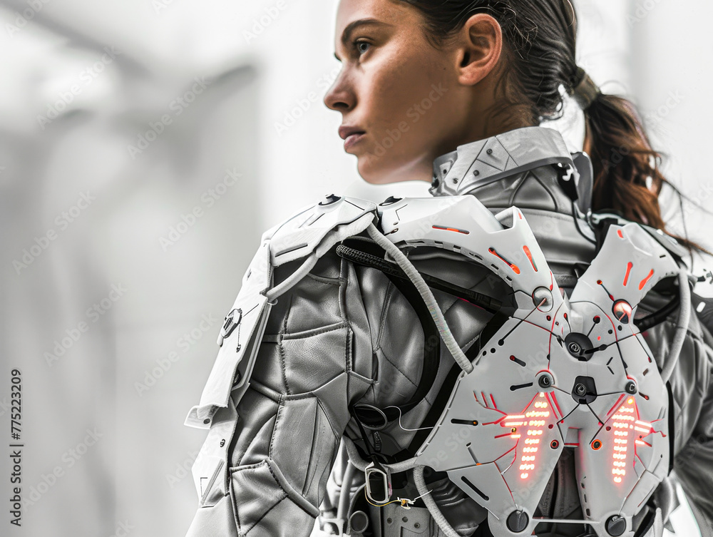 A woman in a white outfit with a silver vest and a black strap. The outfit is futuristic and has a robotic feel to it A woman in a white outfit with a silver vest and a black strap. The outfit is futuristic and has a robotic feel to it