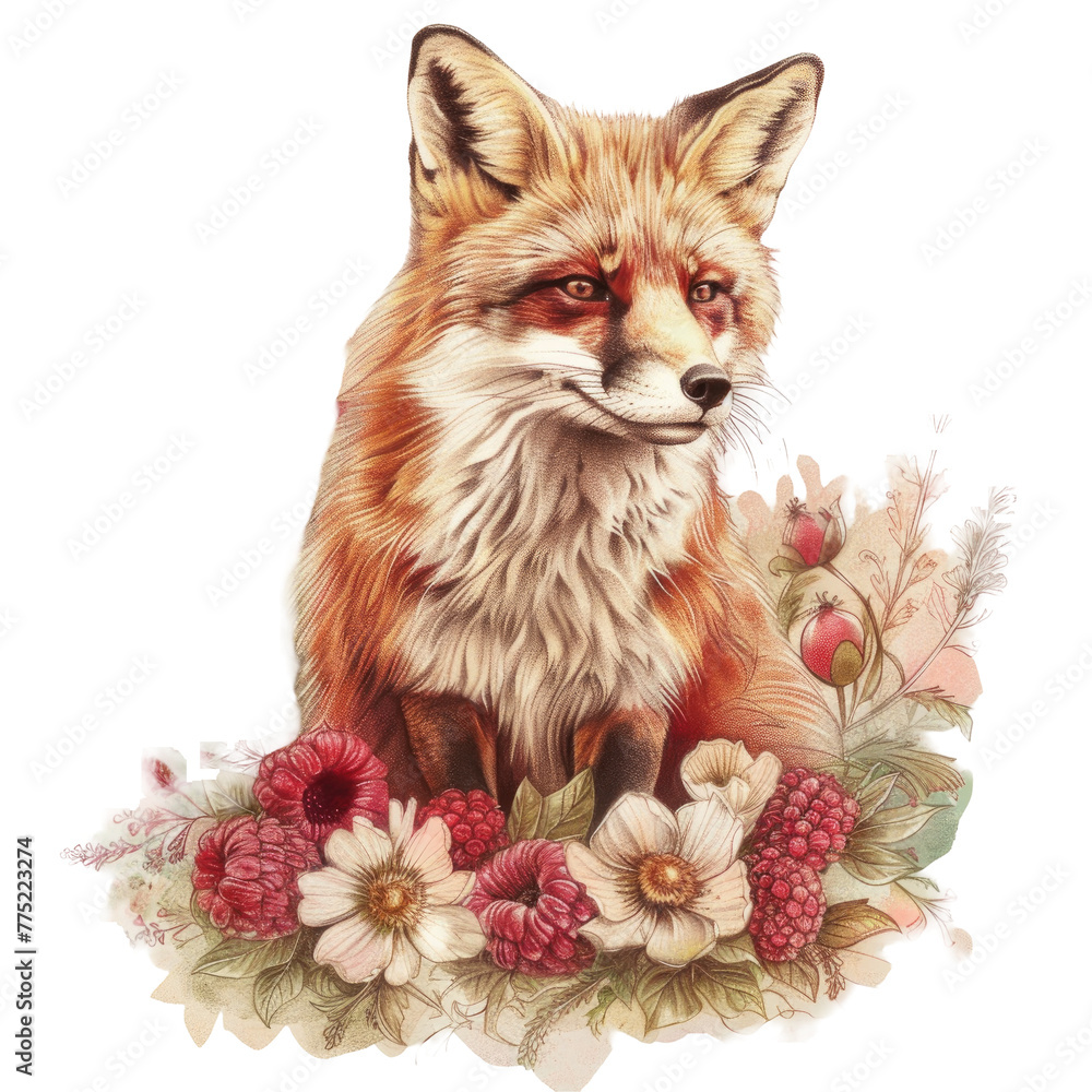 Obraz premium Fox sitting on flowered patch against transparent backdrop
