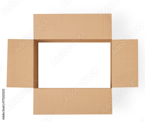 Cardboard an empty open box on an empty background. with an empty transparent bottom. View from above