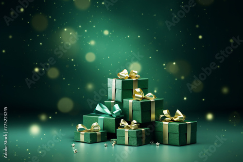  glamorous green background with a small pile of wrapped gift boxes at one side seen from a low angle for a birthday 