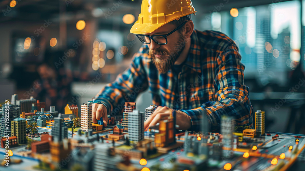 A man wearing a yellow hard hat is building a model city out of Legos. The city is made up of many buildings and has a busy, bustling feel to it. The man is focused on his work - obrazy, fototapety, plakaty 