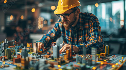 A man wearing a yellow hard hat is building a model city out of Legos. The city is made up of many buildings and has a busy, bustling feel to it. The man is focused on his work