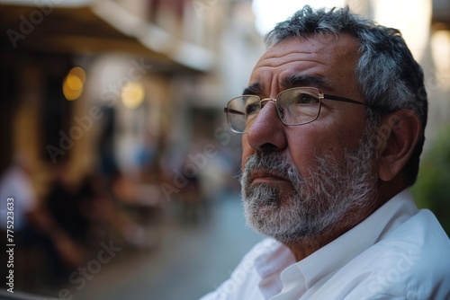 Portrait of an old man with gray beard and glasses in the city