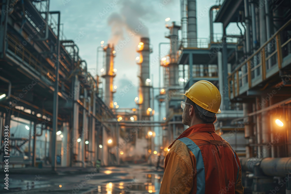 A man in a yellow helmet stands in front of a large industrial plant. The scene is dark and the man is looking up at something. Scene is serious and focused A man in a yellow helmet stands in front of a large industrial plant. The scene is dark and the man is looking up at something. Scene is serious and focused