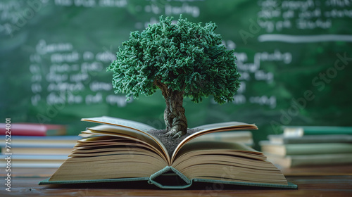 A tree is growing out of an open book. Concept of International Literacy Day.