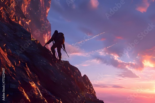 climber carrying a backpack and walking stick climbs a steep mountain at sunset
 photo
