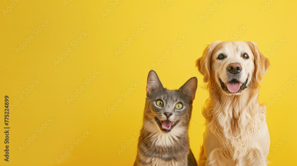 A cat and a dog are standing next to each other on a yellow background. The cat is looking at the camera with a smile, while the dog is wagging its tail