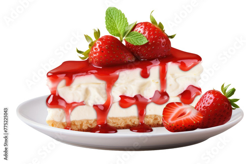 Decadent Cheesecake Delight With Fresh Strawberries. White or PNG Transparent Background.