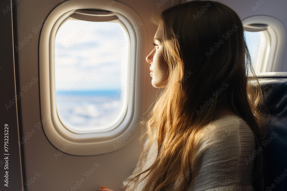 Obraz premium AI generated photo of happy person flying on plane and looking at window sunset