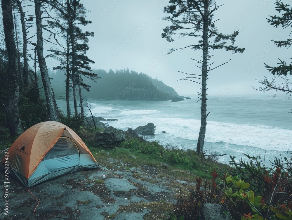 Island camping, solitude on shore, waves constant company