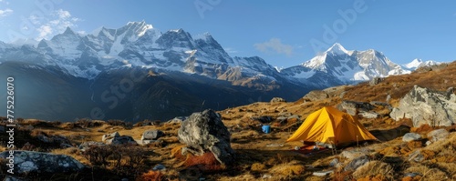Mountain camping, peaks in view, air crisp and clear