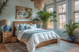 Modern coastal bedroom oasis with a serene natural color palette