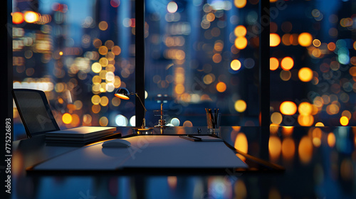 A corner office with blurred cityscape night background with bokeh light, highlighting an executive desk