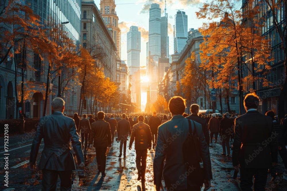 Obraz premium Busy professionals: Crowd moves through streets surrounded by corporate skyscrapers