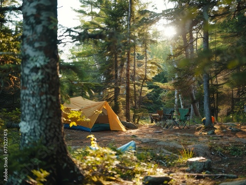Setting up camp at the edge of a forest, wilderness threshold