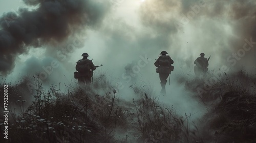 Dramatic world war i reenactment soldiers in trenches amid atmospheric dust and smoke