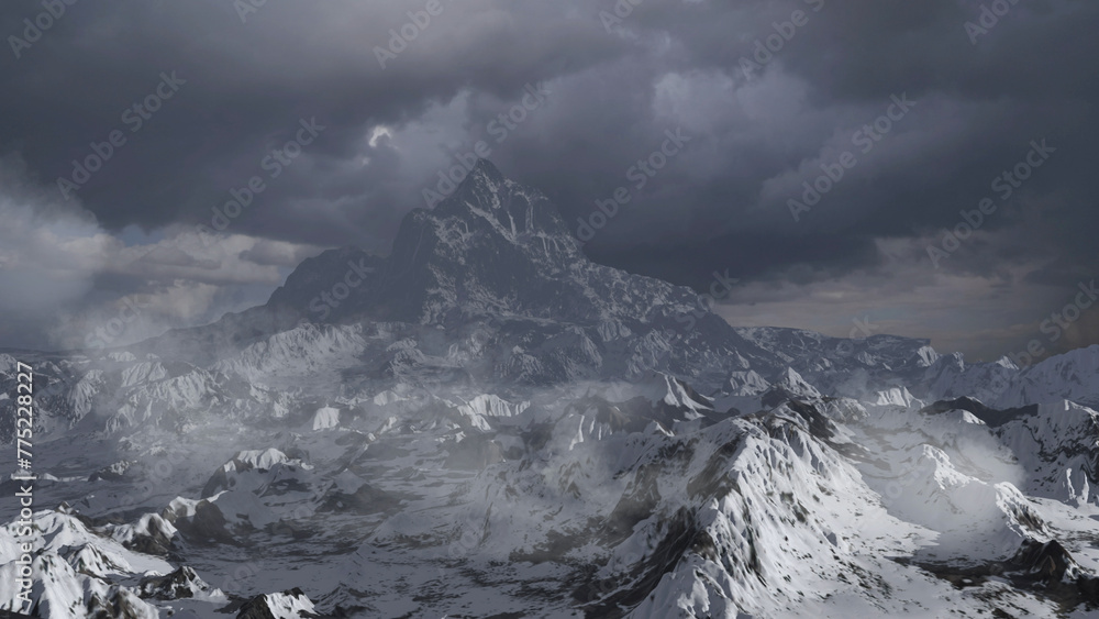 Obraz premium Large Snowy dark Rocky Mountain in the distance aerial view Cinematic view of large Rocky Mountains covered with snow, 4K, 2024 