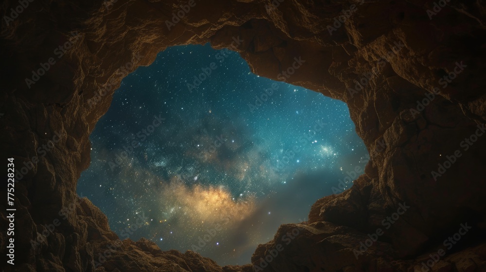View of the milky way from a cave - obrazy, fototapety, plakaty 