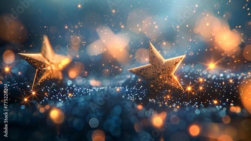 Glittering golden stars amidst a dreamlike bokeh backdrop create a magical festive atmosphere. This image evokes the warmth and joy of holiday celebrations.