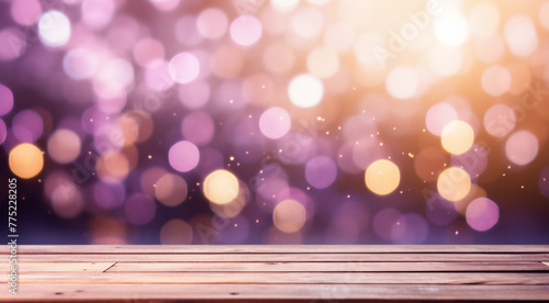 Empty wooden planks or tabletop in front of a blurred bokeh purple background with water drops and maximalist background a product display background or wallpaper concept with backlighting 
