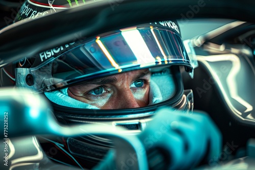 Photo depicting an F1 driver gripping the steering wheel, concentration evident on their face, with the racetrack blurred in the background, conveying intense speed. © HADAPI