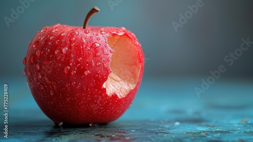 Red apple with water droplets and bite taken out