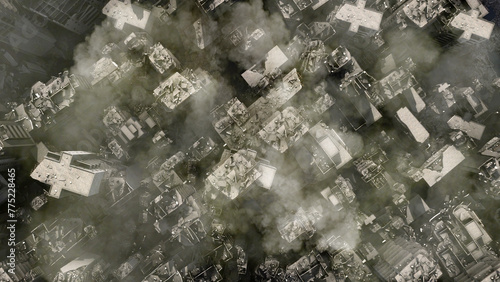 3d rendering-Destroyed city after earthquake or war, aerial 
Cinematic view of Apocalyptic destroyed city, 4K,2024

