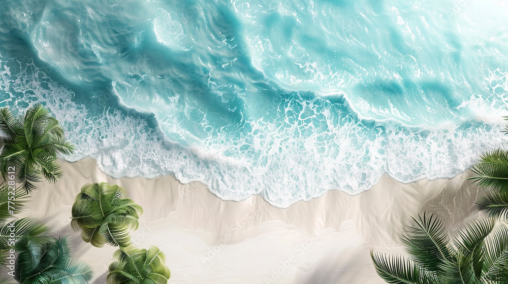 Drone Shot, Sandy Beach with Azure Waves and Palmtrees Drone Shot, Sandy Beach with Azure Waves and Palmtrees