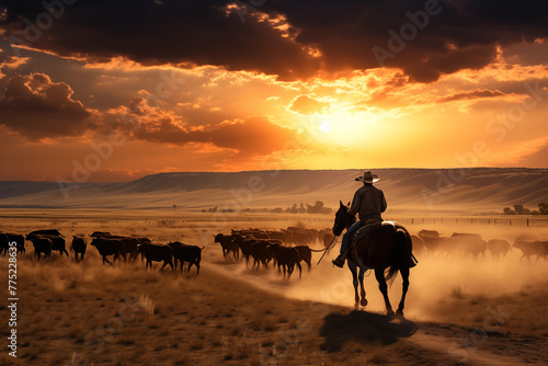 Sunset view of cowboy leading a herd of cattle across a wide-open prairie. Generative AI © Nomad_Soul