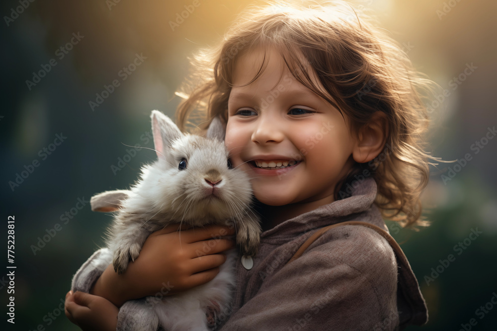 Delighted child giggling as they hold a fluffy rabbit in their arms, her eyes sparkling with joy. Generative AI Delighted child giggling as they hold a fluffy rabbit in their arms, her eyes sparkling with joy. Generative AI