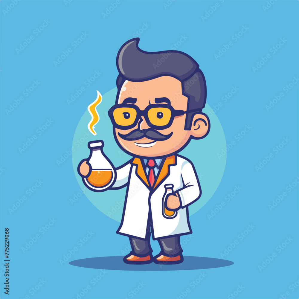 Professor mascot holding chemical liquid bottle