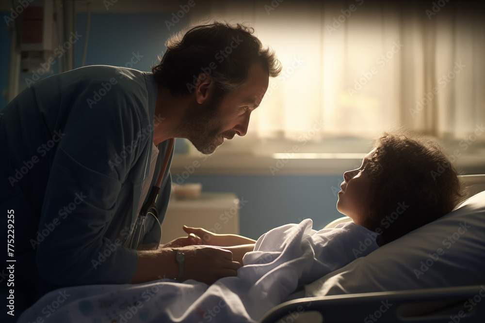 Doctor comforting a young patient in a hospital bed. Generative AI Doctor comforting a young patient in a hospital bed. Generative AI