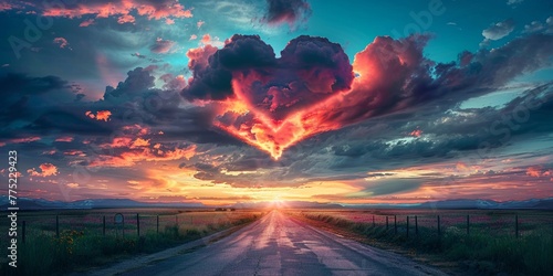 A road to destiny under sunset skies, heartshaped clouds guiding the way forward