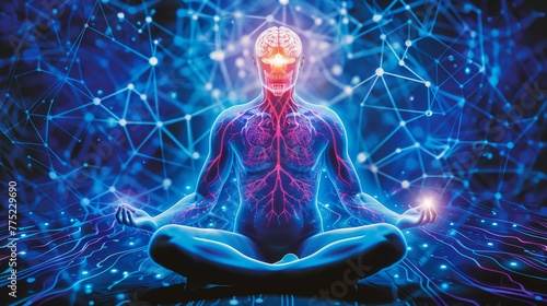 Digital illustration of a human figure in a meditative pose with a glowing brain and highlighted internal organs interconnected by neural or energy networks. #775229690