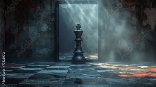 Single chess piece on a reflective surface with dramatic lighting