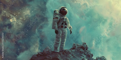 An astronaut, encapsulated by the desolation of space, pushes the boundaries of exploration photo