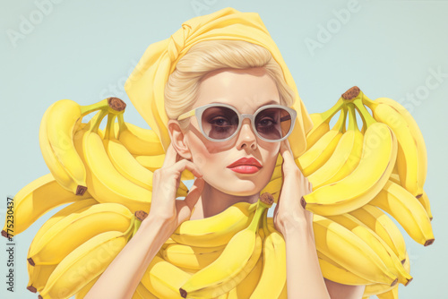 Beautiful girl in stylish sunglasses on pastel background with banana fruits. Retro style
